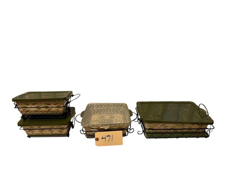 TEMP-TATIONS OLD WORLD CASSEROLE DISHES WITH METAL STANDS, GLASS TRIVETS AND PLASTIC LIDS: 2 - 1.5 QT, 1 - 2 QT, 1 - 2.5 QT image