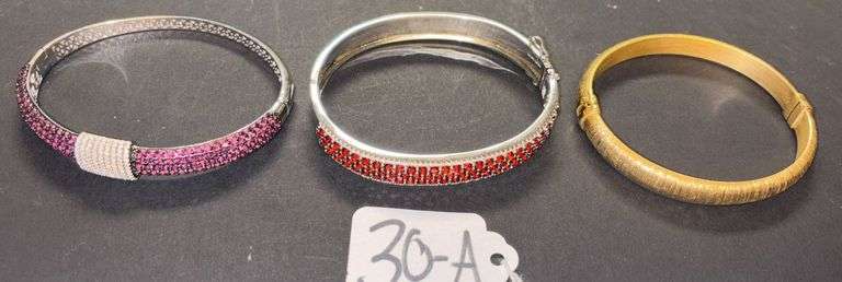 3 STERLING SILVER 925 BRACELETS, 2 RUBY RED DECORATED, 1 GOLD TONE - 2.75 TROY OZ, 85.78 GRAMS TOTAL INCLUDING STONES image