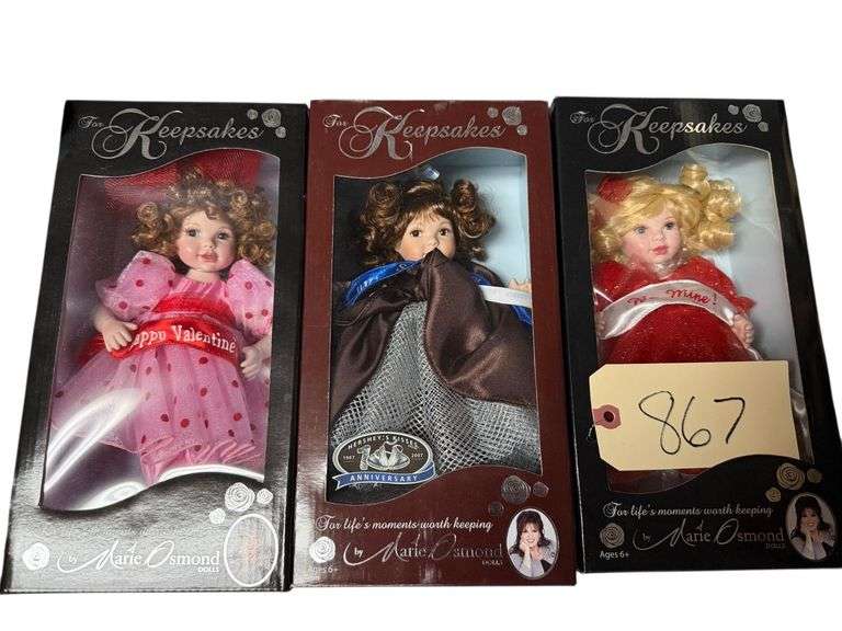 MARIE OSMOND 2 KEEPSAKE VALENTINE AND 1 HERSHEY'S KISS SOMEONE DOLLS, ALL IN BOXES image