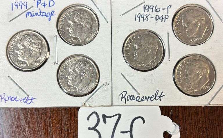 6 U.S. ROOSEVELT DIMES, 3 1999-P & 1999-D MINTAGE, 1 1996-P, 1998-D & P MINTAGE image