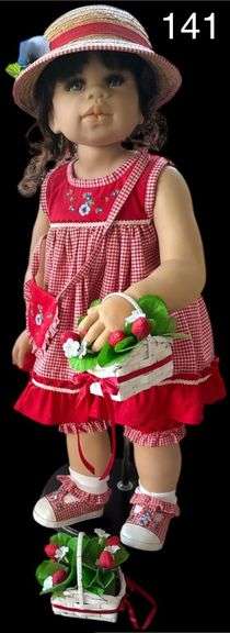MONICA LEVENIG 2004 LARGE PORCELAIN DOLL (27 INCHES) WITH STRAWBERRY OUTFIT AND BASKETS - NUMBERED 334/1350 - STAND INCLUDED image