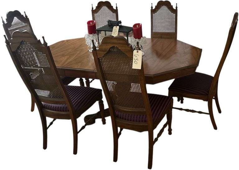 VINTAGE WALNUT SHAPED EDGE DINING TABLE WITH TWO LEAVES PLUS 6 CANE BACK CHAIRS (ONE CAPTAIN'S/ARM CHAIR) - VERY NICE CLEAN CONDITION WITH PERFECT BURGUNDY/BLACK STRIPED UPHOLSTERY image