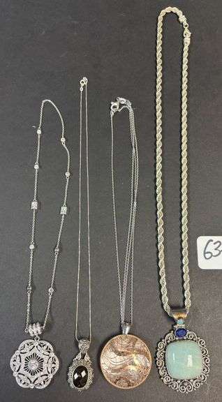 4 STERLING SILVER NECKLACES AND PENDANTS, JADE STONE WITH HEAVY CHAIN, DARK, AND DIAMOND TYPE STONES, ROUND ROSE COLOR PENDANT - 133.17 GRAMS, 4.28 TROY OZ INCLUDING STONES image