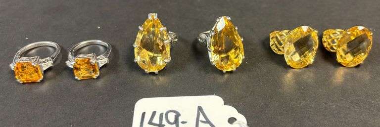 STERLING SILVER 925 RINGS, 3 MATCHING SETS W/ AMBER STONES, PAIR TEARDROP CUT STONES, PAIR SQUARE CUT STONES, PAIR OVAL CUT STONES - SIZES ARE 5 TO 6 1/2 - WEIGHT W/ STONES 42.52 GRAMS, 1.36 TROY OZ image