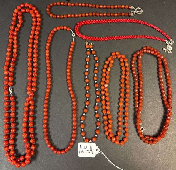 7 RED BEAD TYPE NECKLACES, MOST W/ 925 STERLING CLASPS, 1 W/ 14K CLASP image