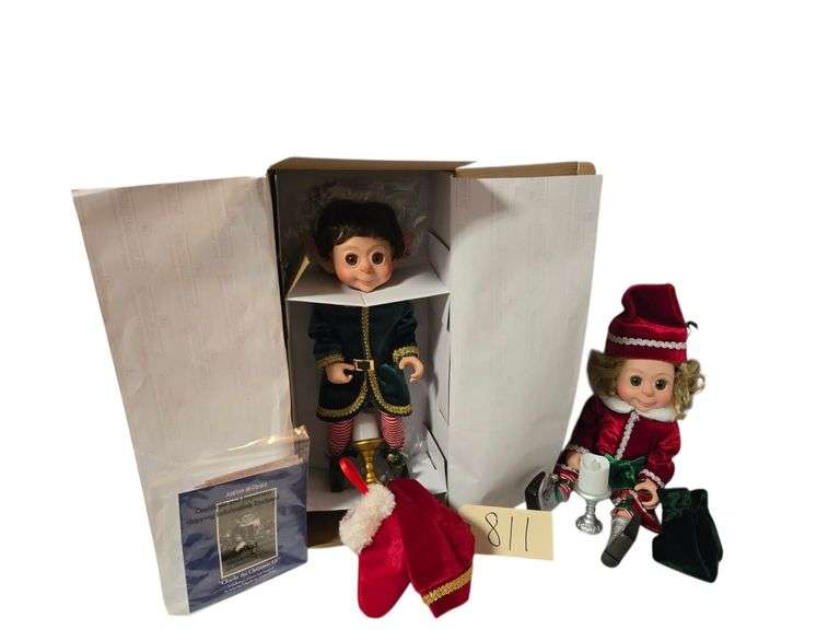 TWO ASHTON DRAKE ELVES: ONE 'CHARLIE THE CHRISTMAS ELF', THE OTHER IS 'MERRY THE CHRISTMAS ELF' (STANDING IS APP. 17 INCHES TALL) image