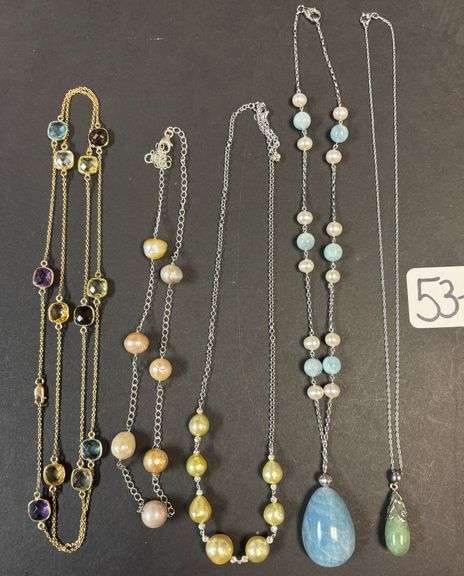 5 STERLING 925 NECKLACES WITH PENDANTS, JADE, BLUE, AND MULTICOLOR STONES - 2.33 TROY OZ, 64.63 GRAMS INCLUDING STONES image