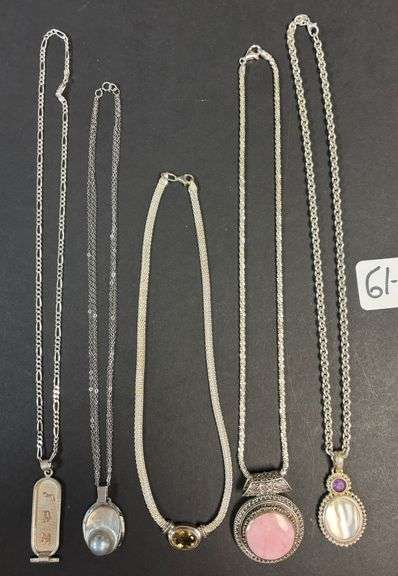 5 STERLING 925 NECKLACES WITH PENDANTS, AMBER, PINK, OPAQUE, EGYPTIAN, PEARLIZED - 117.39 GRAMS, 3.77 TROY OZ TOTAL WITH STONES image