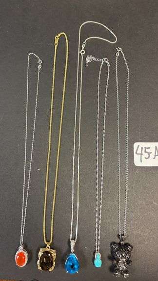 5 STERLING 925 NECKLACES W/ PENDANTS, 1 GOLD OVERLAY, NICE ASSORTMENT OF STONES JADE, SAPPHIRE, SMOKE, ORANGE COLOR, 1 BLACK TEDDY BEAR - 46.78 GRAMS, 1.50 TROY OZ image