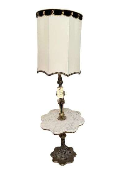 VINTAGE BRASS AND MARBLE FLOOR LAMP WITH WHITE FABRIC SHADE AND BLACK AND GOLD TRIM image
