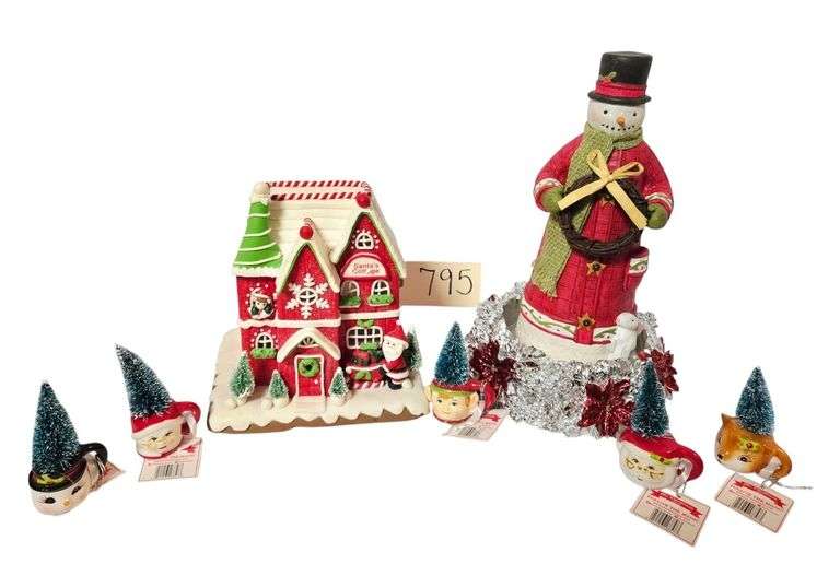 SET OF 5 MR. CHRISTMAS CHRISTMAS TREE TEACUP ORNAMENTS, “SANTA’S COTTAGE” DISPLAY, 2014 HALLMARK SNOWMAN image