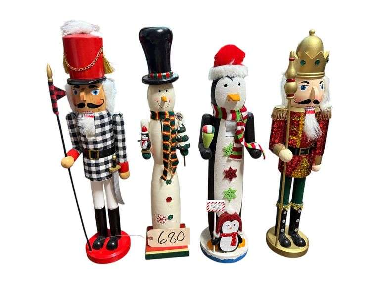 4 ASSORTED LARGE NUTCRACKER STATUES: 2 NUTCRACKER SOLDIERS, 1 PENGUIN, 1 SNOWMAN image