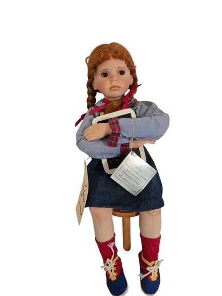 VINTAGE DANBURY MINT HANNAH ROSE KELLY RUBERT PORCELAIN DOLL IN TIME OUT W/ WOODEN DOLL STOOL APPROX. 15” SITTING HEIGHT image