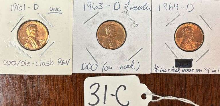 3 LINCOLN PENNY MINT ERRORS, 1961-D UNCIRCULATED DOUBLE-DIE OBVERSE (DDO)/DIE-CLASH REVERSE, 1963-D DOUBLE DIE OBVERSE (NECK), 1964-D DIE-CLASH ERROR ON 9 IN 1964 image