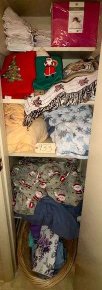 SET OF FULL SIZE FLANNEL SHEETS, CHRISTMAS TOWELS, BLANKETS, WASH CLOTHS, WOVEN BASKET, THROWS, ETC. image