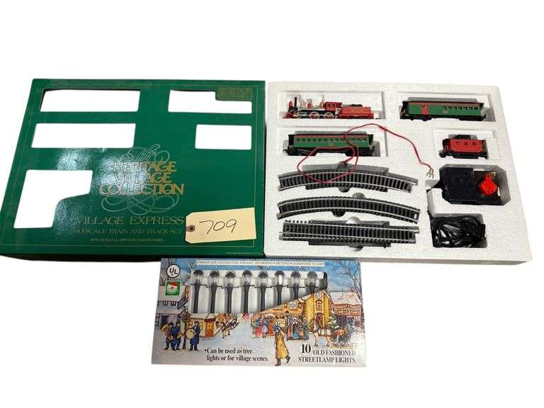THE HERITAGE VILLAGE COLLECTION - VILLAGE EXPRESS - HO SCALE TRAIN AND TRACK SET WITH SET OF 10 OLD FASHION STREET LAMP LIGHTS image