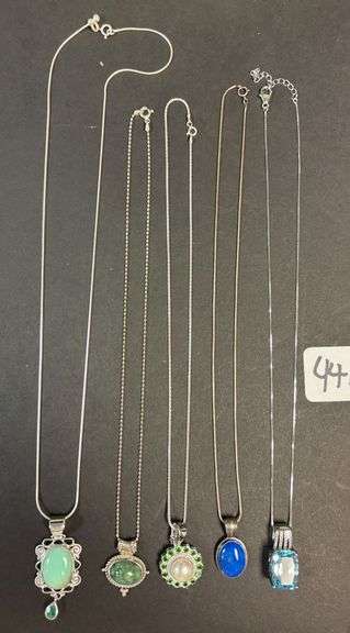 5 STERLING 925 NECKLACES W/ PENDANTS, JADE STONES, PEARLIZED STONE W/ EMERALDS, BLUE STONE, BLUE SAPPHIRE TYPE - 1.66 TROY OZ, 51.74 GRAMS INCLUDING STONES image