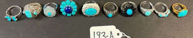 10 STERLING SILVER RINGS W/ TURQUOISE STONES - SIZES 5-8 - 1.94 TROY OZ, 60.55 GRAMS W/ STONES image