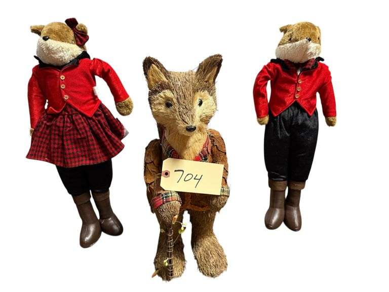 3 FOX STATUES: 2 FABRIC, 1 SISAL FIBER image