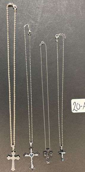 4 STERLING SILVER 925 CROSS NECKLACES AND PENDANTS, 1 HEAVY NECKLACE, VARIOUS STONES - 37.09 GRAMS, 1.19 TROY OZ INCLUDING STONES image