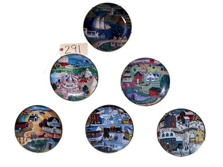 SET OF 6 NUMBERED DECORATOR PLATES BY STEVEN KLEIN - SUMMER HOLIDAY #F4120, COUNTY FAIR #F1222, SPRING FAIR #X5907, COUNTRY HARVEST #F5578, HOMETOWN CHRISTMAS #F4152, WINTER'S EVE #H1372 image