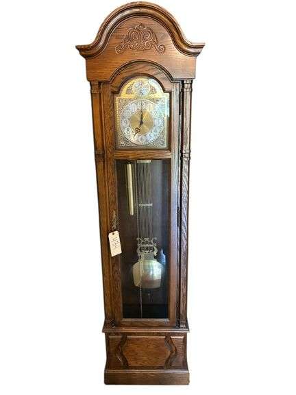 HOWARD MILLER OAK GRANDFATHER CLOCK - MEASURES 77" TALL - OAK CABINET - IT HAS BOTH WEIGHTS image