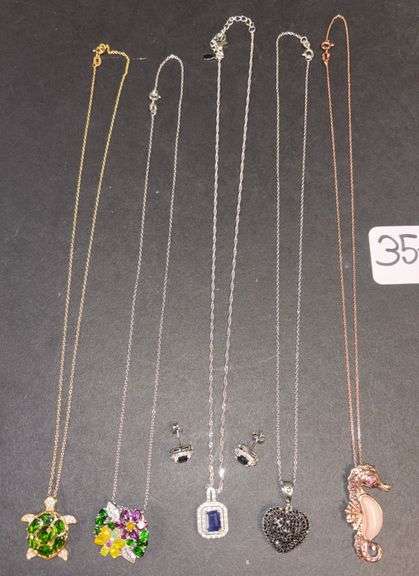 5 STERLING 925 NECKLACES AND PENDANTS, PERUVIAN PINK OPAL, RASPBERRY COLOR RHODOLITE 18K ROSE GOLD OVER SILVER, SEAHORSE, TURTLE PENDANT W/ GOLD OVER STERLING, BLUE SAPPHIRE W/ EARRINGS, HEART PENDANT, MULTICOLORED PENDANT - .92 TROY OZ, 28.78 GRAMS TOTAL INCLUDING STONES image