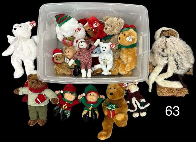 LIDDED TOTE FULL OF CHRISTMAS BEANIE BABIES, CABBAGE PATCH KIDS, HALLMARK BEAR, TY, LARGE BOYD'S BEAR - LOTS TO DISCOVER! image