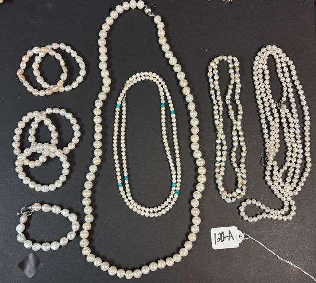 4 CULTURED PEARL TYPE NECKLACES, 6 BRACELETS, MOSTLY 925 STERLING CLASPS image