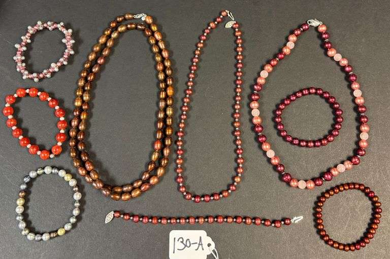 CULTURED PEARL NECKLACES, MOSTLY DEEP RED COLORS, STERLING 925 CLASPS - 3 NECKLACES, 6 BRACELETS image