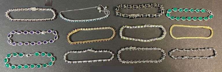 12 STERLING 925 SILVER BRACELETS WITH VARYING STONES, JADE, PURPLE AMETHYST, BLACK ONYX TYPE, RUBY, EMERALD GREEN, ETC. image