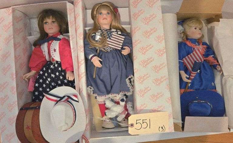 4 PORCELAIN PATRIOTIC USA DOLLS APPROX. 14”: 2 PARADISE GALLERIES - “GLORY” & “BETSY”; 2 DREAMS & TREASURES image