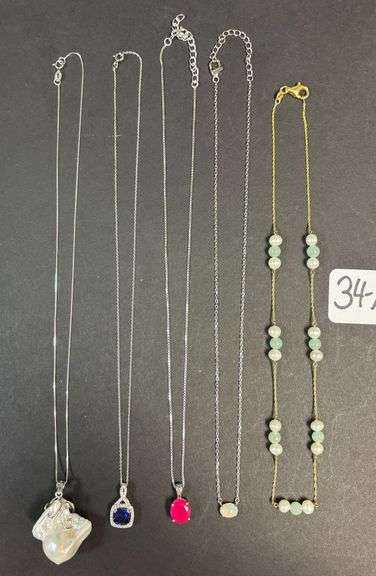 5 STERLING 925 NECKLACES AND PENDANTS, BLUE SAPPHIRE STYLE, LARGE FRESH WATER PEARL PENDANT, HOT PINK PENDANT, IRIDESCENT PEARL, WHITE AND GREEN PEARL TYPE BEADS - 1.09 TROY OZ, 34.09 GRAMS TOTAL INCLUDING STONES image