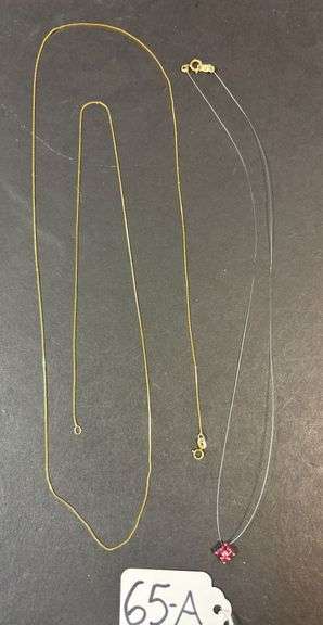 MARKED 14K GOLD LONG THIN NECKLACE - 1.53 GRAMS; STRING NECKLACE FOR BEADS W/ 14K CLASP AND SMALL RUBY PENDANT - .77 GRAMS WITH STRING image