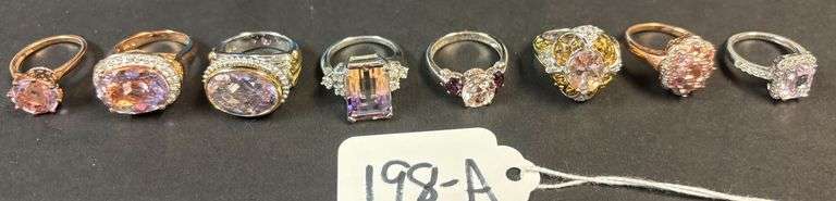 8 STERLING SILVER RINGS, LIGHT PURPLE AMETHYST TYPE STONES, ROSE COLOR STONES, ETC., VARYING STYLES OF RINGS - 45.92 GRAMS, 1.47 TROY OZ W/ STONES - SIZES 5-7 image