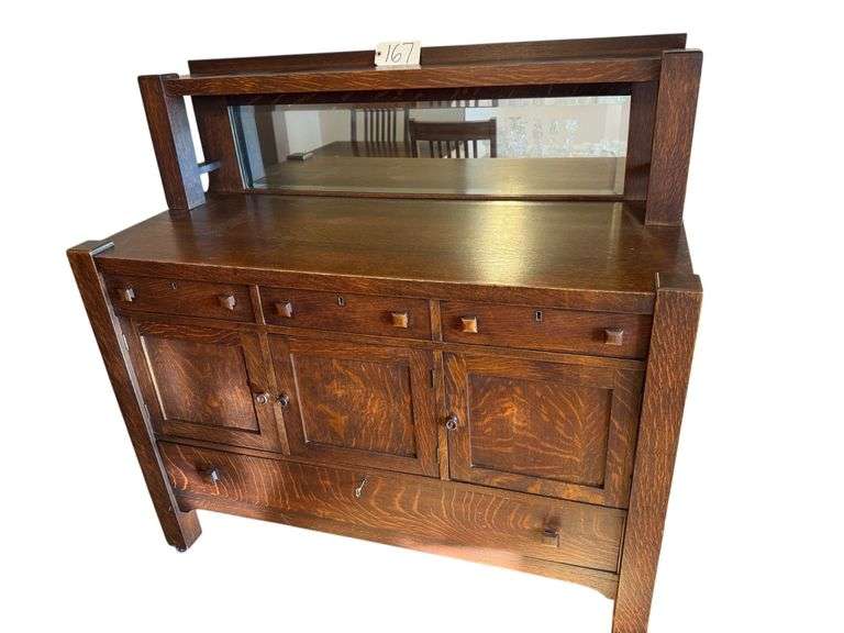 ARTS & CRAFTS MISSION OAK SIDEBOARD/BUFFET WITH MIRRORED GALLERY W/ KEY - APPROX. 54.5” TO TOP OF GALLERY X 54” WIDE X 23.75” AT DEEPEST image