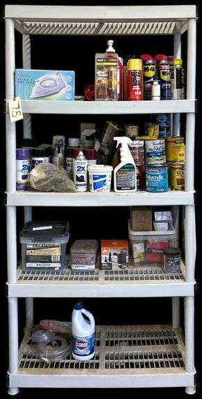 PLASTIC 5 SHELF UNIT WITH CONTENTS: WD 40, GREAT STUFF FOAM SEALANT, STEAM IRON, ELECTRICAL TESTER, RUBBER FLEX, MULTIPLE CANS OF RUSTOLEUM SPRAY PAINT, AIR PUMP, DECK MATE 9 X 2.5 STAR DRIVE SCREWS AND OTHER ITEMS image