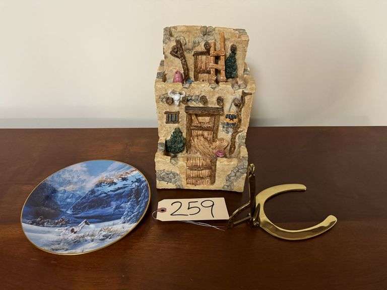 SPANISH STYLE HOME DECORATOR PIECE, BRASS HORSESHOE MEASURING INSTRUMENT, NATIVE AMERICAN “RUNNING WITH THE WIND” DECORATOR PLATE BY JULIE KRAMER COLE image