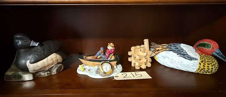 NIKKO MAN FISHING CLOCK, WOODEN PUZZLE, JIM BEAM DUCKS UNLIMITED DECANTER, DUCK DECOY image