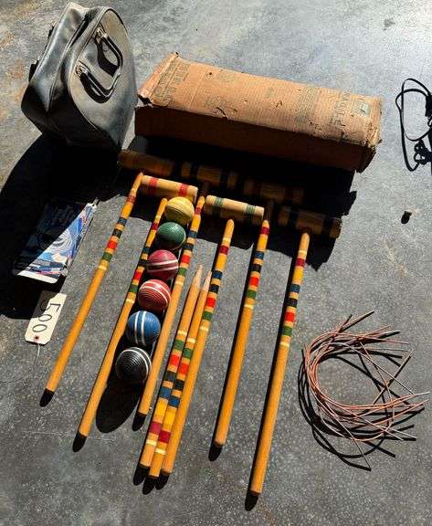 BOWLING BALL, JUMP ROPE AND VINTAGE CROQUET SET image