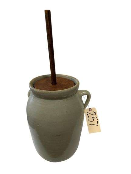 VINTAGE NO. 5 CROCK CHURN W/ WOODEN LID AND DASHER image