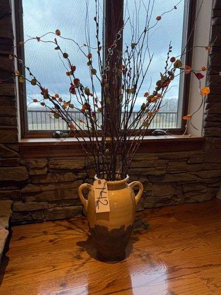 DOUBLE HANDLED POTTERY VASE APPROX. 14.5” TALL W/ ARTIFICIAL WILLOW TYPE ARRANGEMENT image