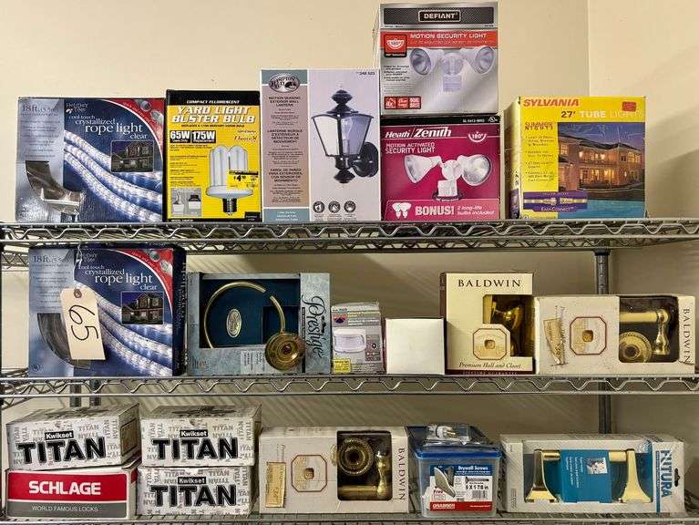 ASSORTMENT OF QUICK SET LOCK SETS, TOILET TISSUE HOLDERS, ROPE LIGHTS, YARD BUSTER BULBS, HAMPTON BAY PORCH LIGHT, SECURITY LIGHTS image