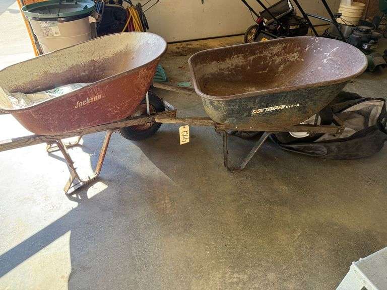 TWO HEAVY DUTY WHEELBARROWS, ONE IS A JACKSON AND THE OTHER IS TRUE TEMPER USA image