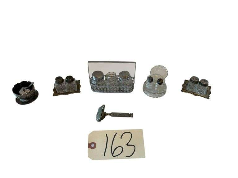 ASSORTMENT OF 4 VINTAGE SETS OF SALT AND PEPPER SHAKERS, OTHER SALT DISH W/ COBALT BLUE LINER, GEM SAFETY RAZOR image