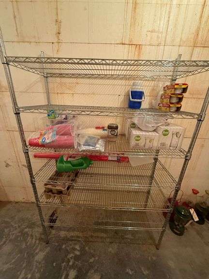 STAINLESS STEEL KITCHEN SHELF IN GOOD SHAPE WITH CONTENTS: 12 HIGHBALL GLASSES IN BOX, FOUR ROCKS GLASSES IN BOX, PLASTIC CUPS, THERMOS, SIX PACK OF STERNO COOKING FUEL image