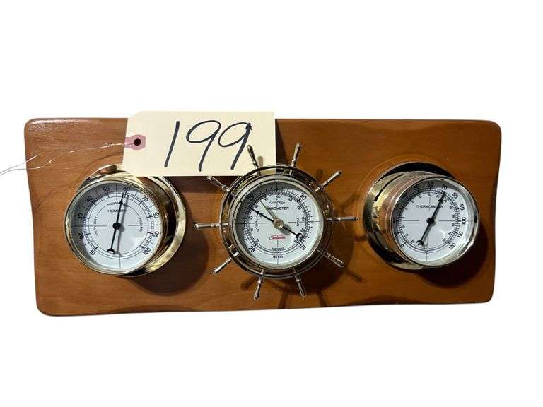 BAROMETER, THERMOMETER, AND HUMIDITY GAUGE ON WOODEN PLAQUE image