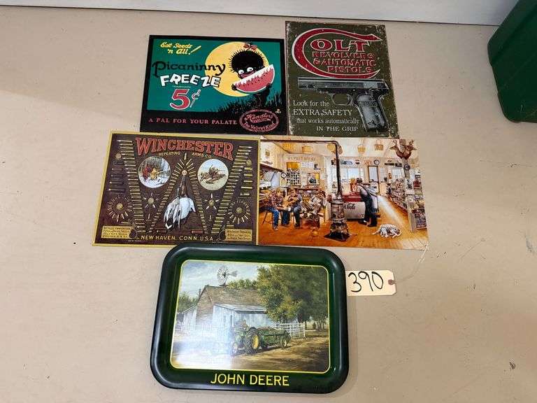 ONE JOHN DEERE TRAY, ONE WINCHESTER METAL BULLET SIGN, ONE METAL SIGN OF OLD COUNTRY STORE, ONE HANDLER'S ICE CREAM ADVERTISING PIECE AND ONE COLT FIREARMS METAL SIGN image