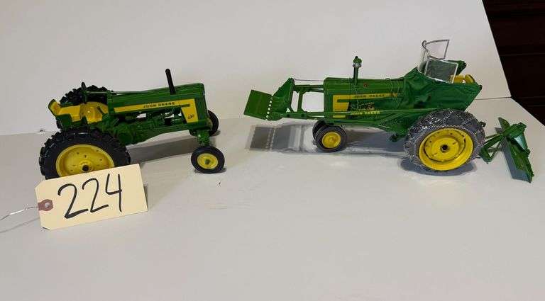 2 JOHN DEERE COLLECTIBLE DIE-CAST TRACTORS: MODEL 620, MODEL 720 W/ FRONT END LEADER AND GRATER BLADE image