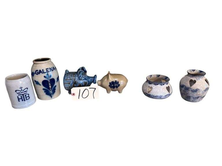 CONNIE PRAIRIE 1993 “GALENA” STONEWARE JAR, STONEWARE HOFBRAÜ MUNICH SALT GLAZE BEER MUG, PFALTZGRAFF PIGGY BANK, STONEWARE FOLK ART PIGGY BANK, 2 STONEWARE MINI HEART VOTIVE CANDLEHOLDERS image